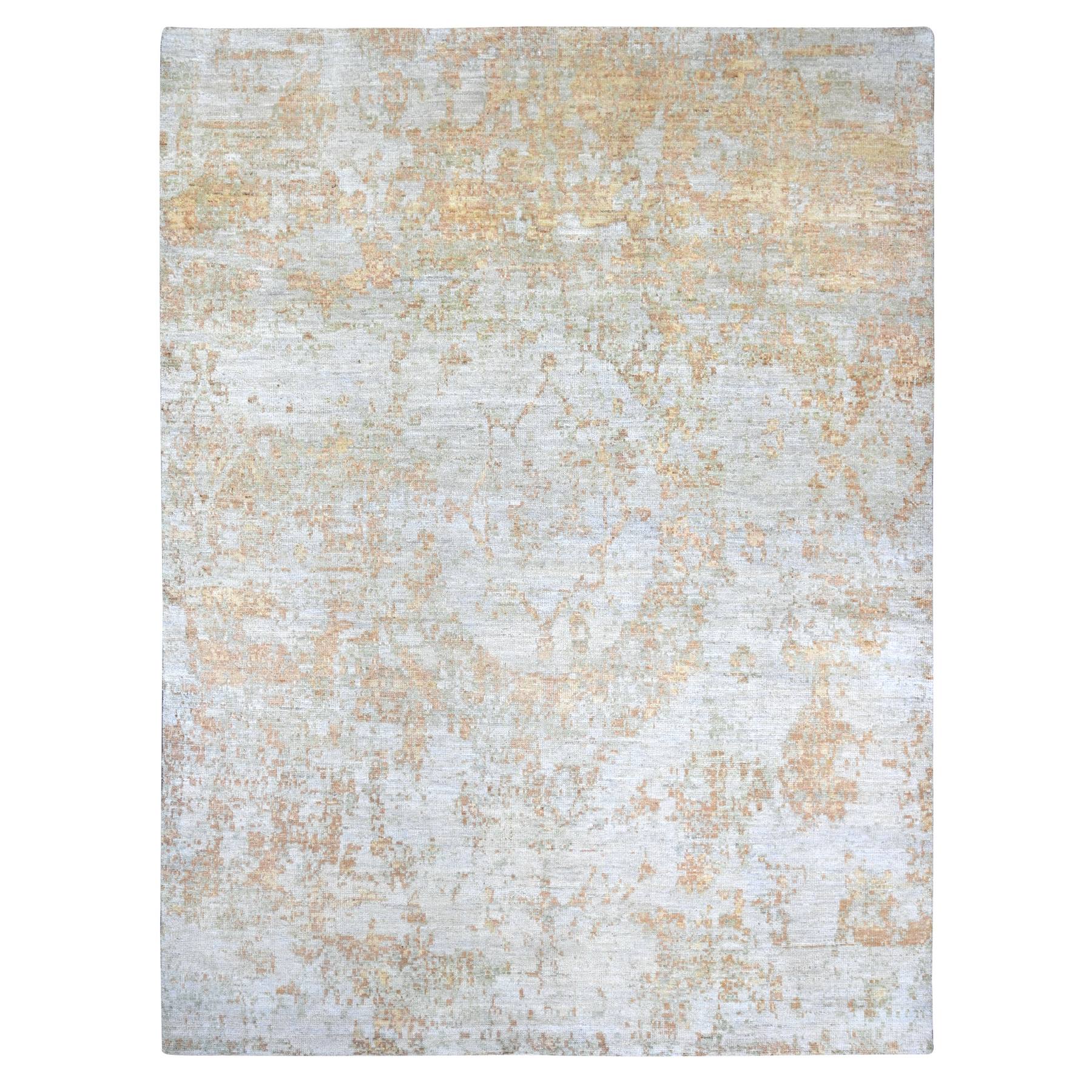 Cloud Gray with Orange, Abstract Design, High Mountain Wool, Hand Knotted, Oriental Rug